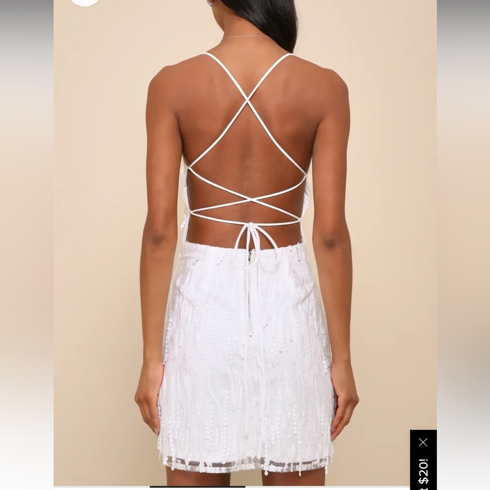 Lulus making magic white fringe lace-up mini dress